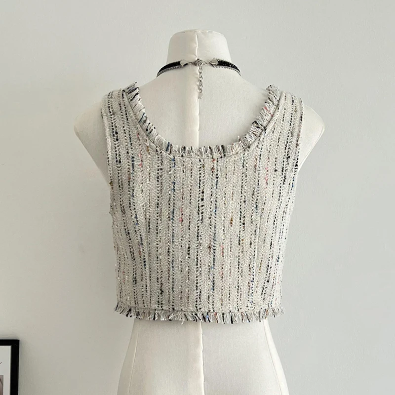 QOERLIN Stylish Elegant Tweed Jacket Coat Sleeveless Square Collar Tank Tops Waistcoat 2023 New High Fashion Loose Tassel Vest