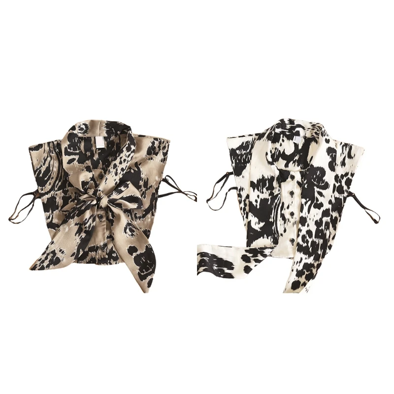 

Women Office Work Bow Tie Neck False Collar Vintage Irregular Leopard Print Lapel Half Shirt Detachable Dickey Blouse
