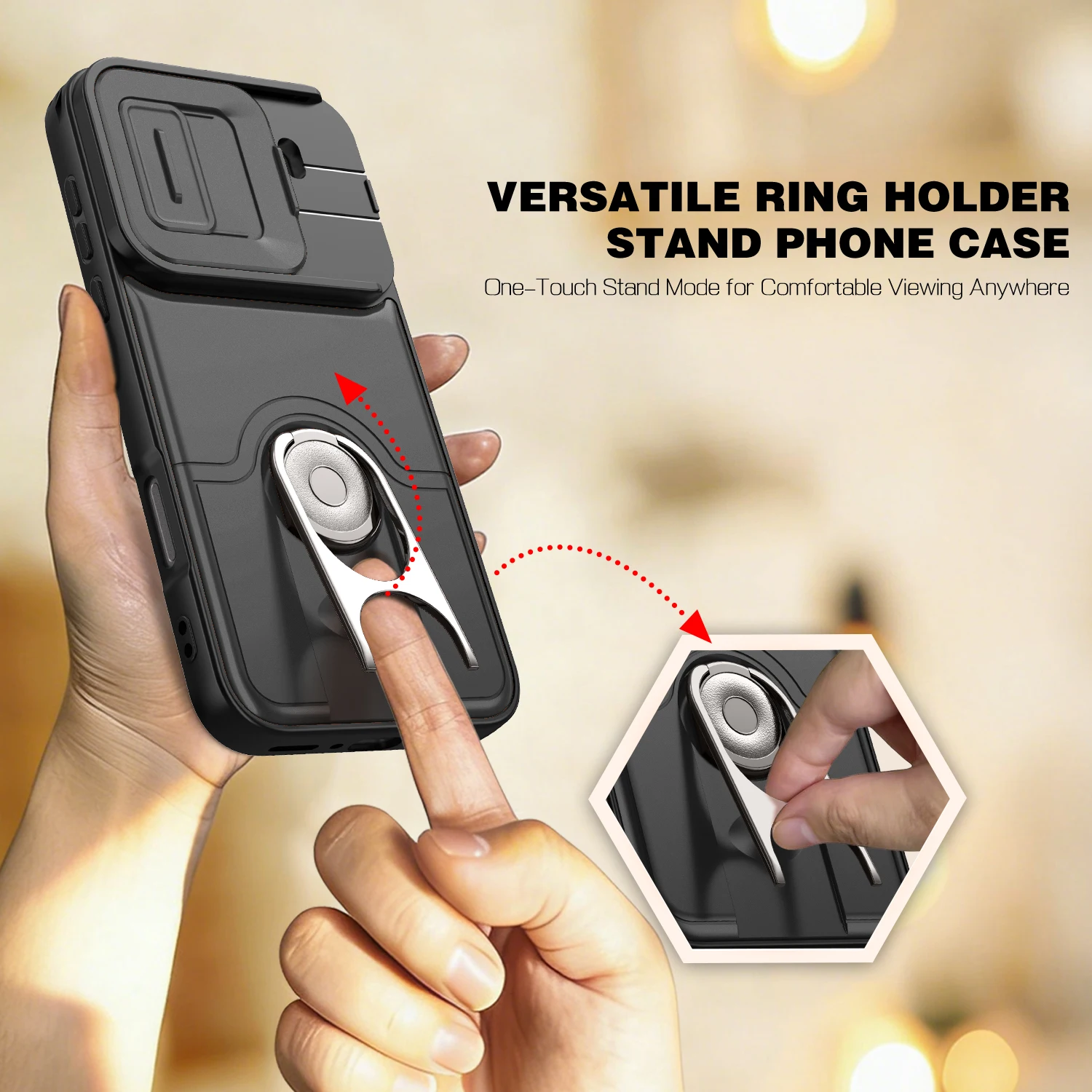 Shockproof Stand Armor Case with Holder Ring and Slide Lens Protection - Durable TPU+PC Coque