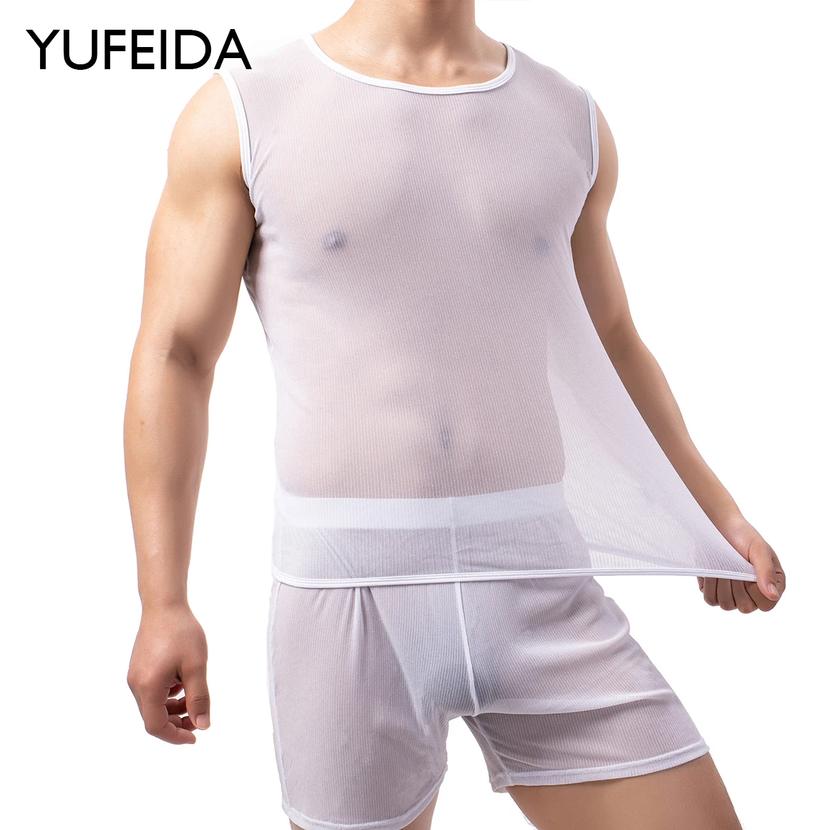YUFEIDA Sexy Men Transparent Undershirt Mesh Sheer Sleeveless T Shirt Short Pant Male Mesh Vest+Boxers Sleepwear Men Clothes Set