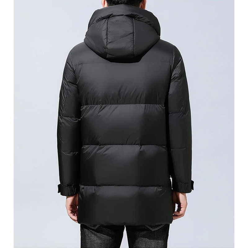 Casual Men's Winter Mid-Length Hooded 90% White Duck Down Jackets Outwear Windproof Warm Black Long Puffer Coat Thick Top Parkas
