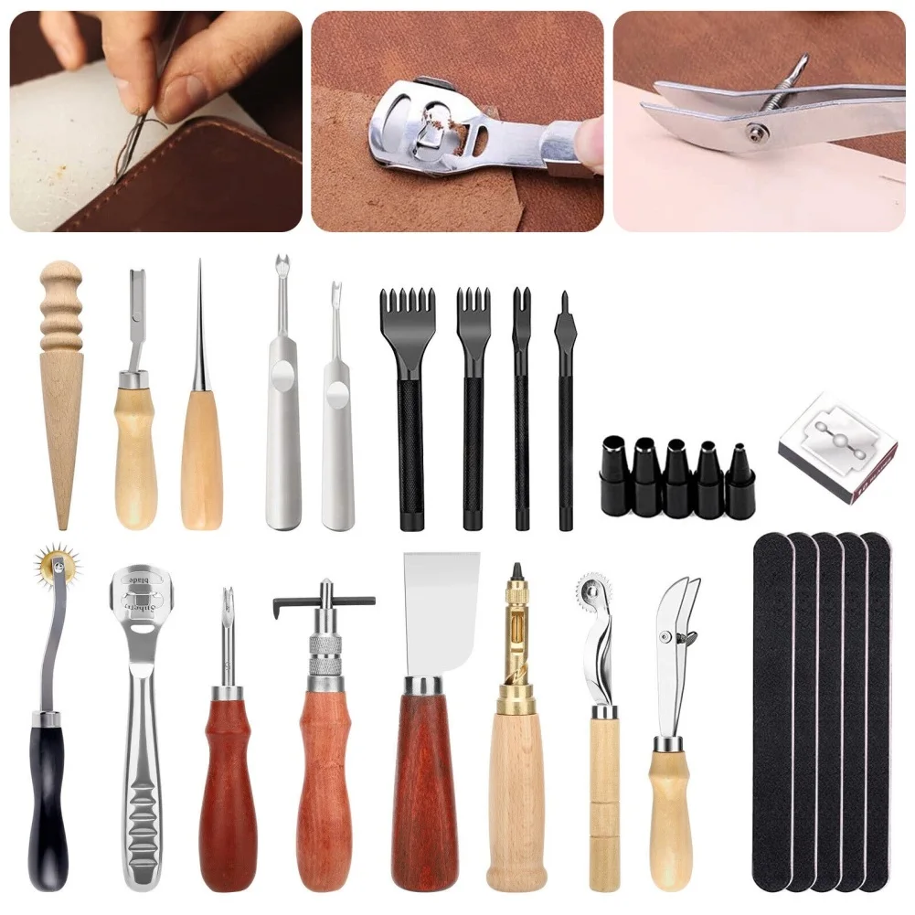 18pcs Leather Tooling Kits Include Awl Polish Tool  Tool Leather Craft  Tools Kit For Beginner Professionals Tool Accessories