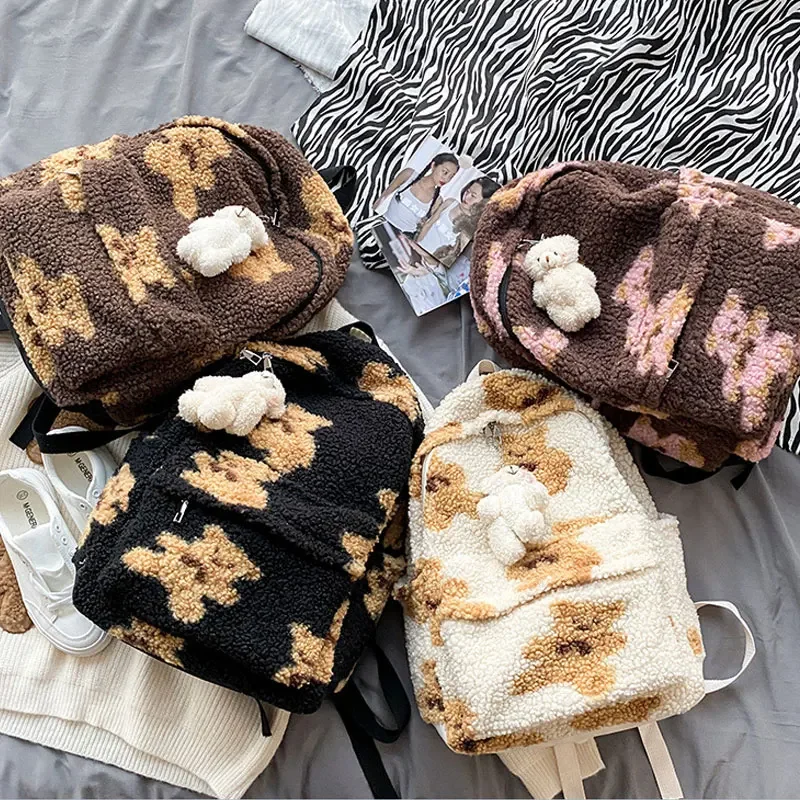 Imitation Lamb Hair Backpack Women School Bags for Teenage  display picture 2