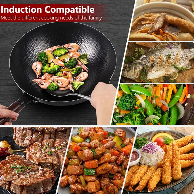 Set Wok In Acciaio Al Carbonio - Base Piatta O Rotonda Per Induzione/Gas, Con Manico Legno, Spatola E Ricettario - Foto 12