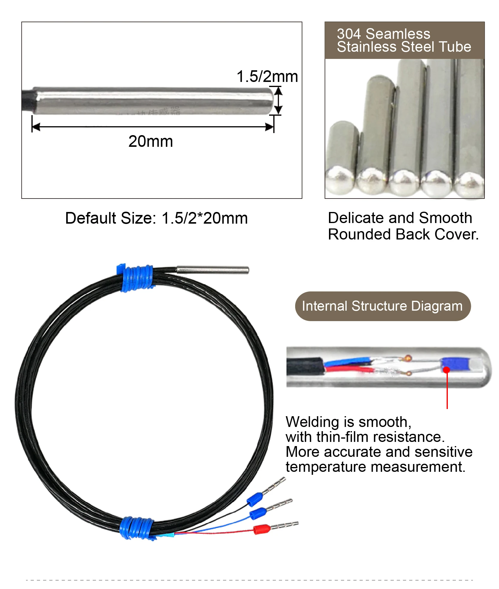 0-5M Ultra Thin Probe PT100 Temperature Sensor -50 to 200°C Waterproof RTD 3 Wir