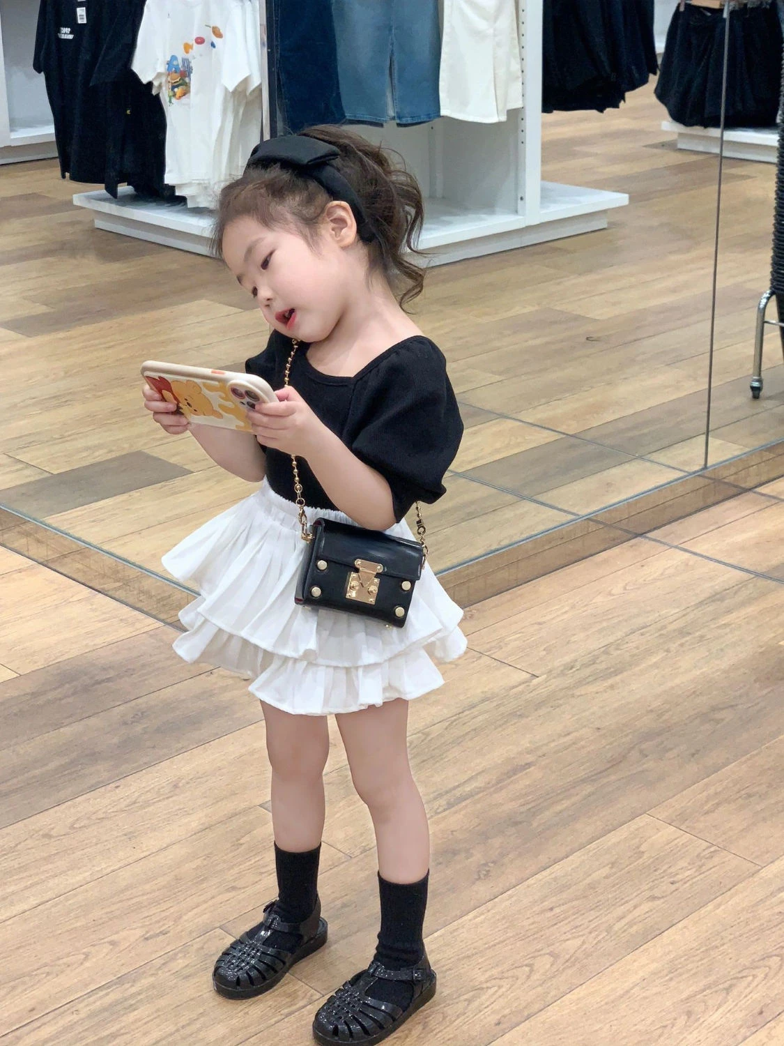 

2023 Summer Korea Style Kids Sets T-shirt Mini Skirt Black White Square Collar Cotton New Design Soft Fashion Cool