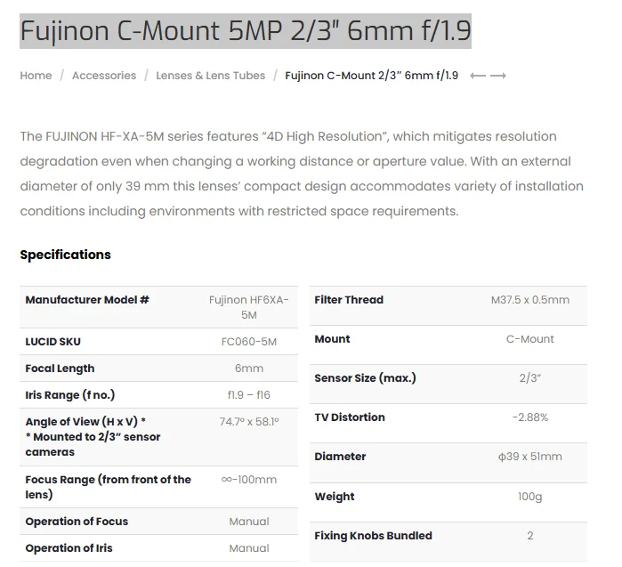 kokar 1.9 6mm 렌즈 5MP는 Fujinon Fujinon C-Mount 5MP 2/3″ 6mm f/1.9 HF6XA-5M과 동일하며 양호한 상태로 사용되었습니다.