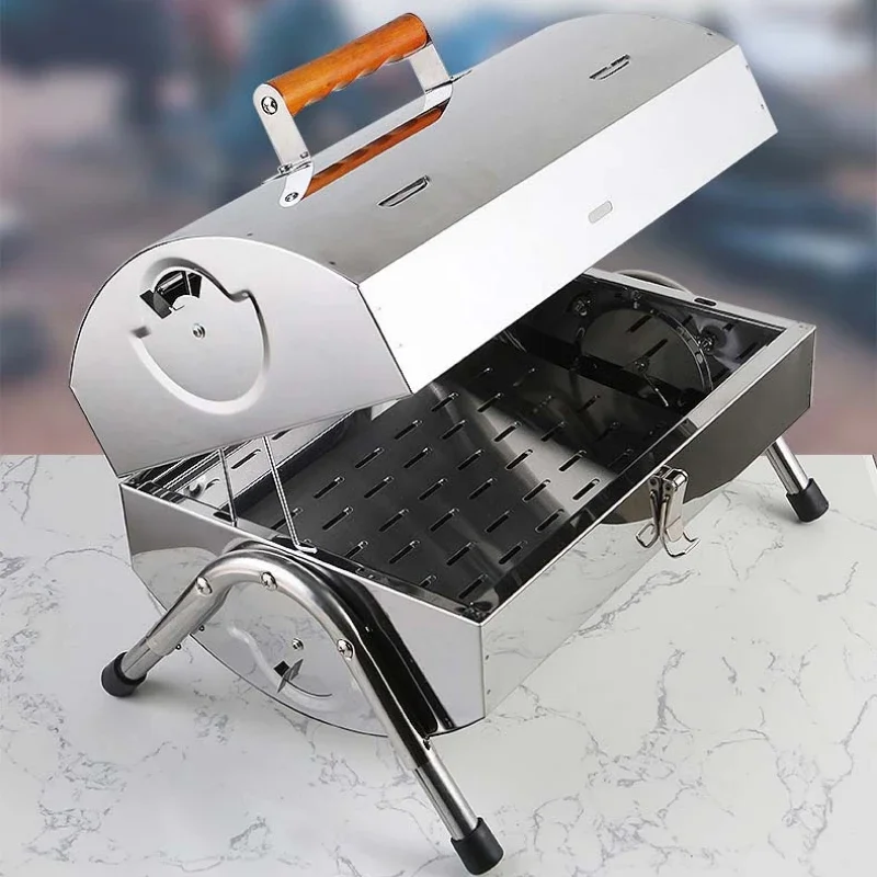 Stainless Steel Charcoal Grill Portable Barbecue Grill Viande Electrique Folding Double Sided Cylindrical Portable Grill BBQ 6