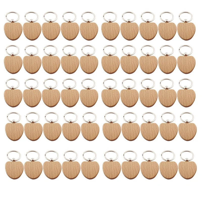 

50Pcs Wooden Heart-Shaped Key Chain Tag Anti-Lost Wood Accessories Tags Can-Engrave DIY Gifts