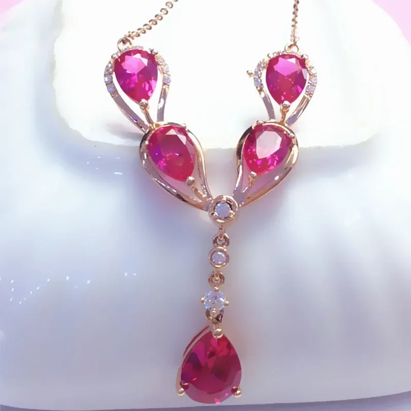 

585 Purple Gold Luxury Ruby Necklaces 14K Rose Gold Chain Water Drop Delicate Pendant Dinner Wedding Women Jewelry