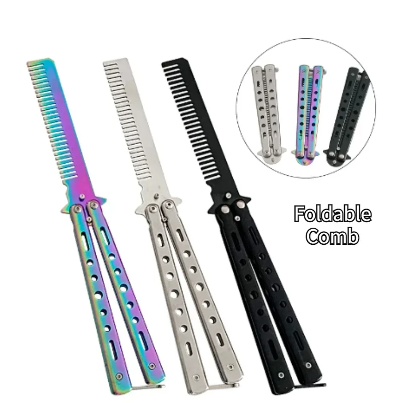 Foldable Hair Comb Stainless Steel Practice Training Butterfly Comb Beard Moustache Brush Salon Hairdressing Styling Tool