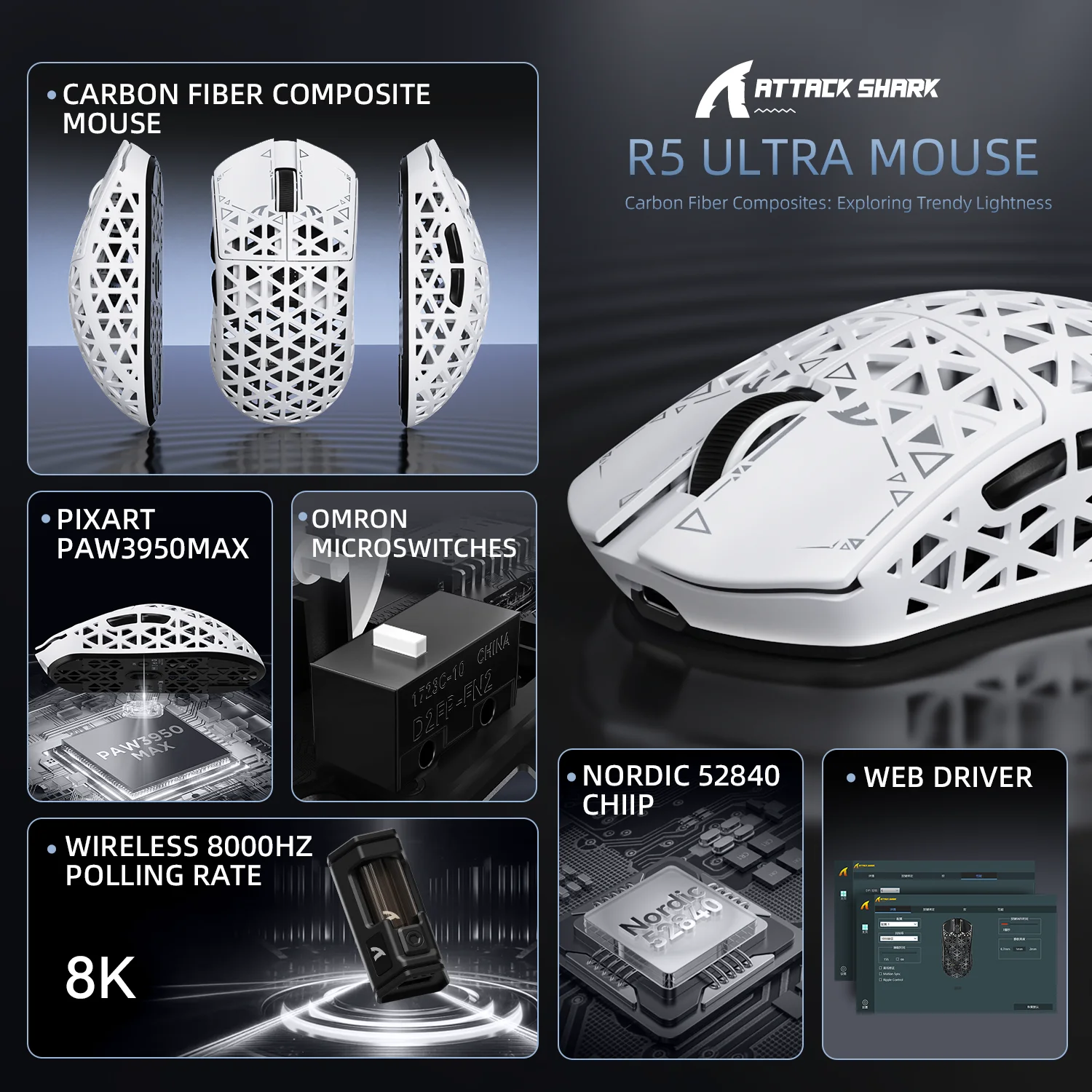 人気商品の中古品・新品・未使用品 Ultra R5 SHARK ATTACK Carbon Mouse Gaming Wireless Fiber マウス・トラックボール