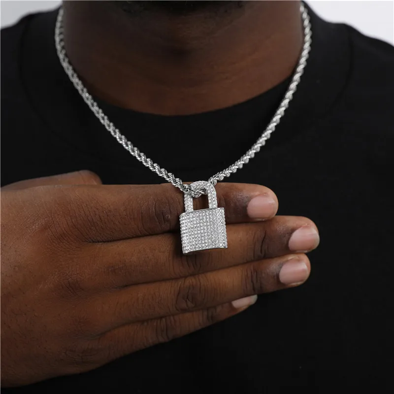 US7 Men Women Hip Hop Lock Pendant Necklace with 4mm Zircon Tennis Chain Iced Out Bling Necklaces HipHop Jewelry Fashion Gift