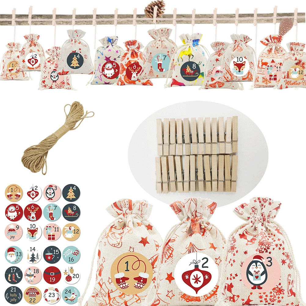 24Days Christmas Advent Calendar Bags DIY Set with Paper Sticker Christmas Countdown Calendar