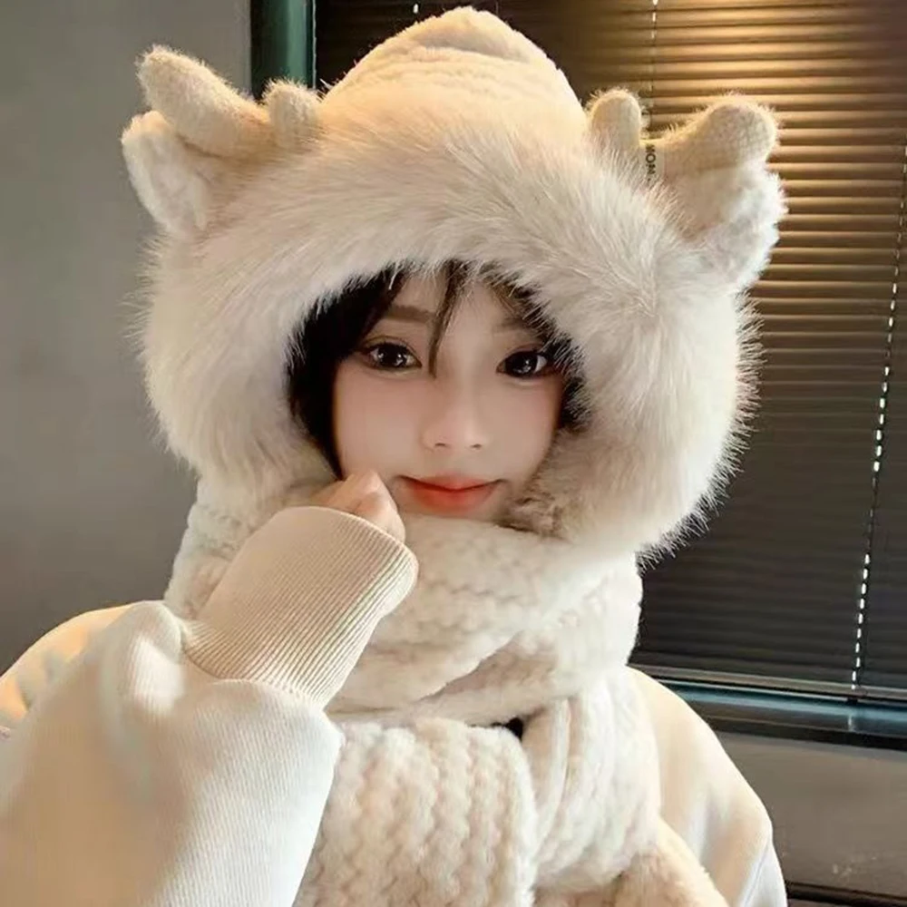 1Pc Cute Bear Ear Hat Scarf Gloves 3-in-1 Winter Warm Hedging Cap Women Windproof Plush Hat Scarf 3