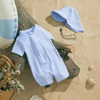 MISOWMNJOY Baby Girl Boy Swimsuit Summer New Stripe Print Kids Beachwear Short Sleeve Half Zipper Rash Guard Swimwear Sunhat Set 2