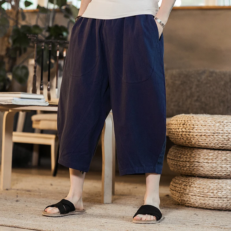 Men Wide Leg Pants Japanese Style Loose Cotton Harem Pants