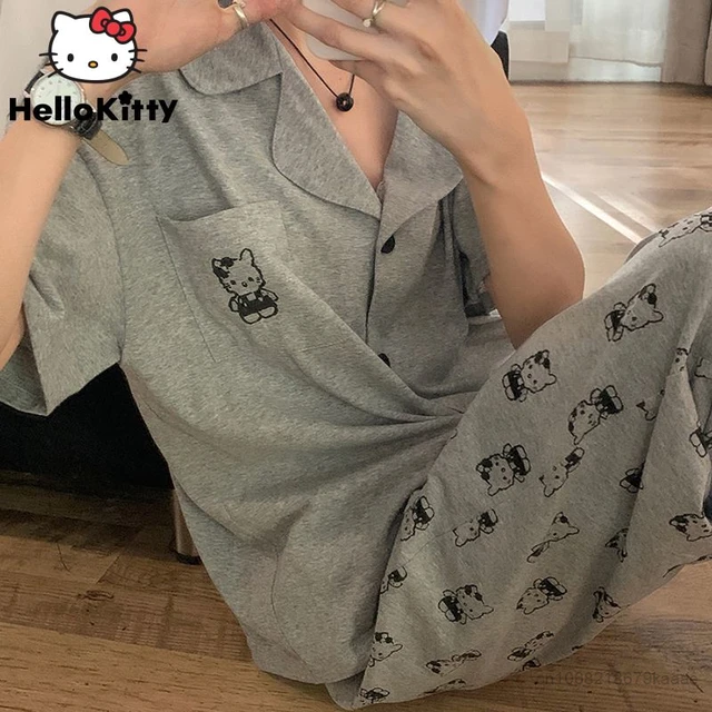 Sanrio Cartoon Summer Cute Dress Women Hello Kitty Short Sleeve Sleepshirts  Medium Long Style Nightgowns Y2k Soft Home Clothes