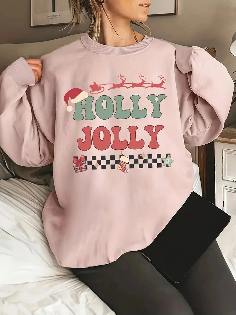 Holly Jolly Plus Size Christmas Casual Fashion Pullover Top Women's Letter & Graphic Print Long Sleeve Round Neck Sweatshirt