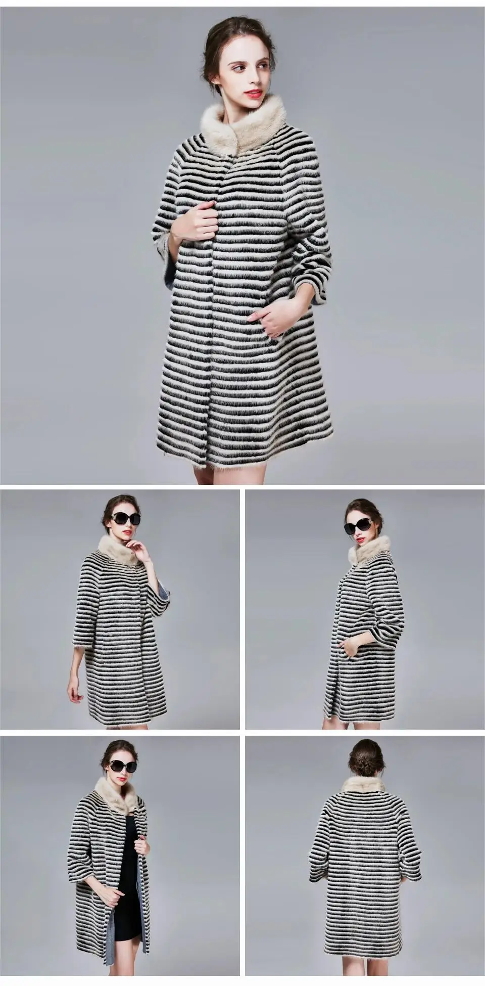 Hot Sale Faux Mink Rabbit Fur Coat Long Casual Soft And Comfortable Standing Collar Striped Ladies Coat