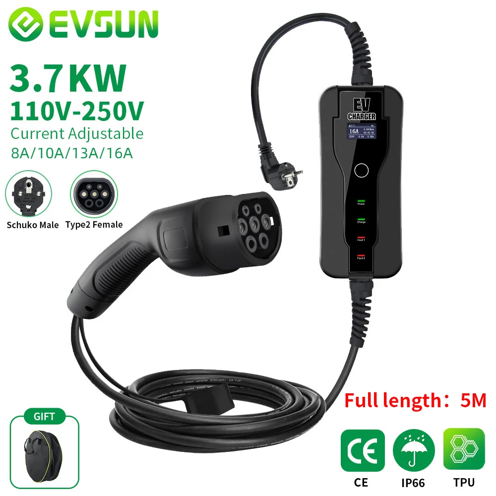 Evsun Portable Ev Charger Type2 Iec62196-2 8/10/13/16A Switch 1P Evse Cavo Di Ricarica Eu Plug Controller Wallbox Per Auto Elettrica