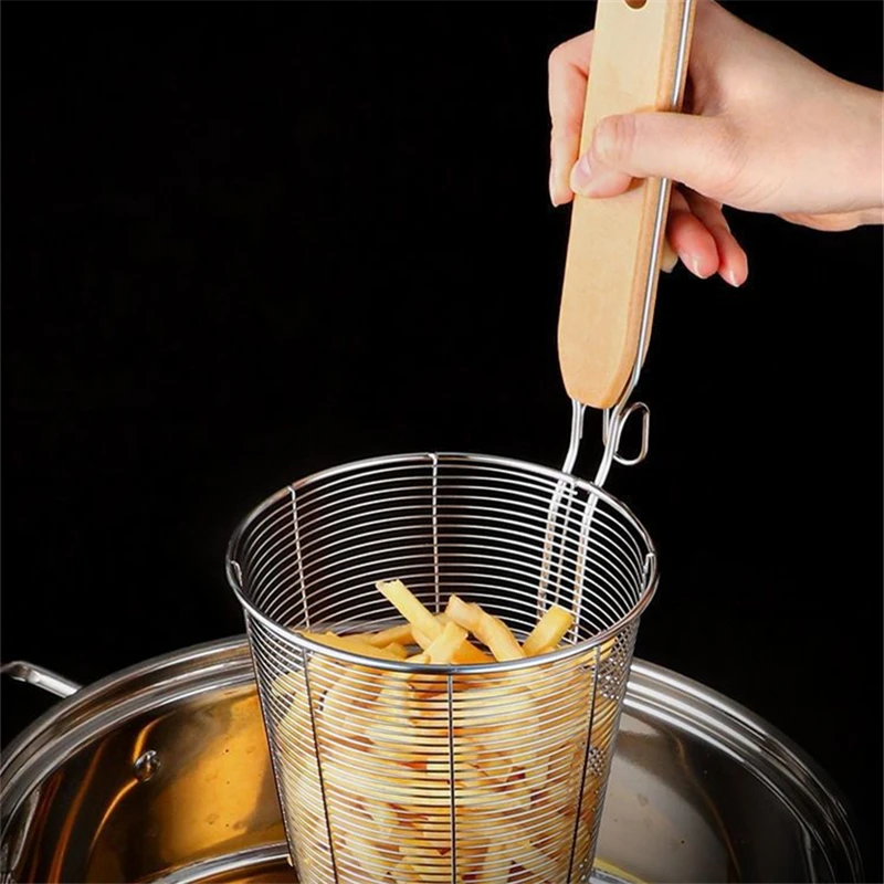 

Stainless Steel Hot Pot Colander with Wooden Handle Filter Hangable Frying Basket Kitchen Cooking Strainer Spoon Food Skimmer