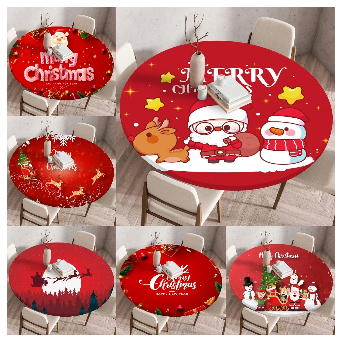 

Christmas Fitted Round Tablecloth For Party Decoration Santa Claus Snowman Table Clothes Elastic Edge Kitchen Table Cover