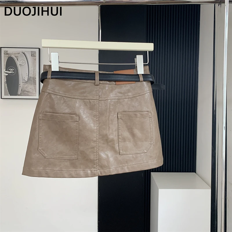 DUOJIHUI Brown American Chic Belt High Waist Slim Female Skirts Autumn New Basic A-line Fashion Zipper Pocket Simple Women Skirt