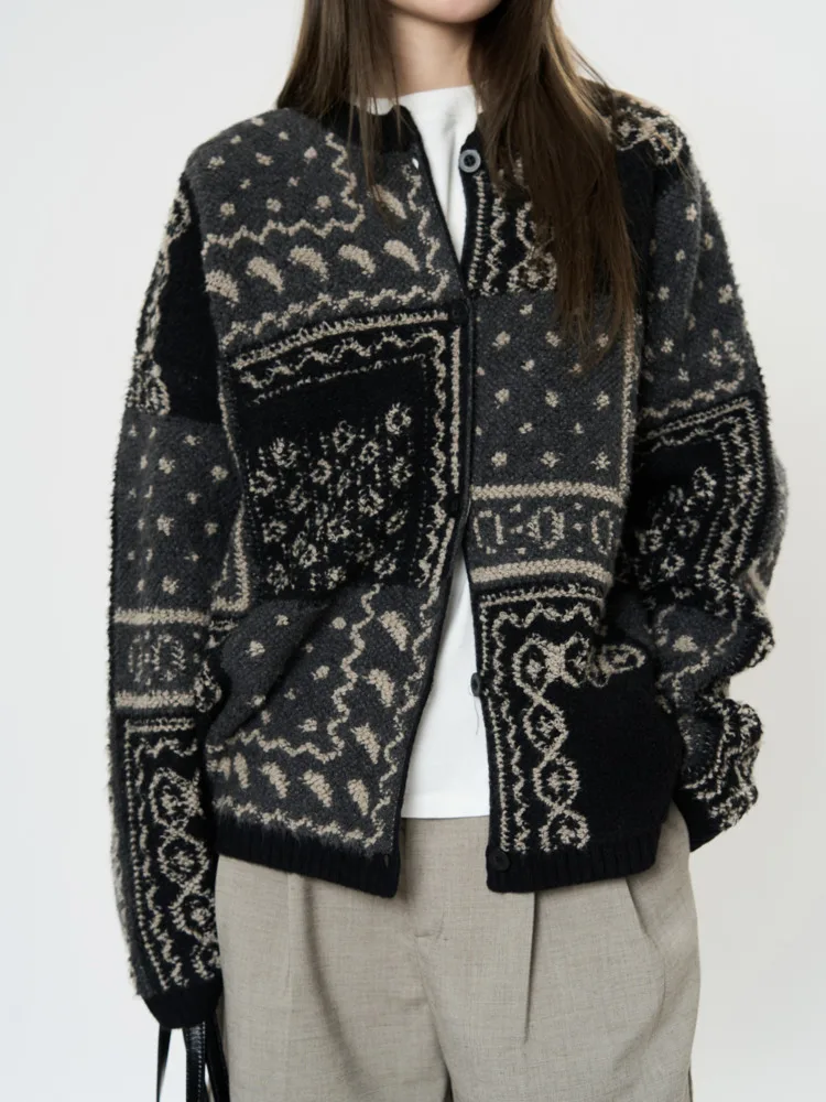 [LANMREM] Print Design Contrast Color Knit Sweater For Women Round Neck Long Sleeve Cardigan Coats 2025 Spring New 26C1702 3