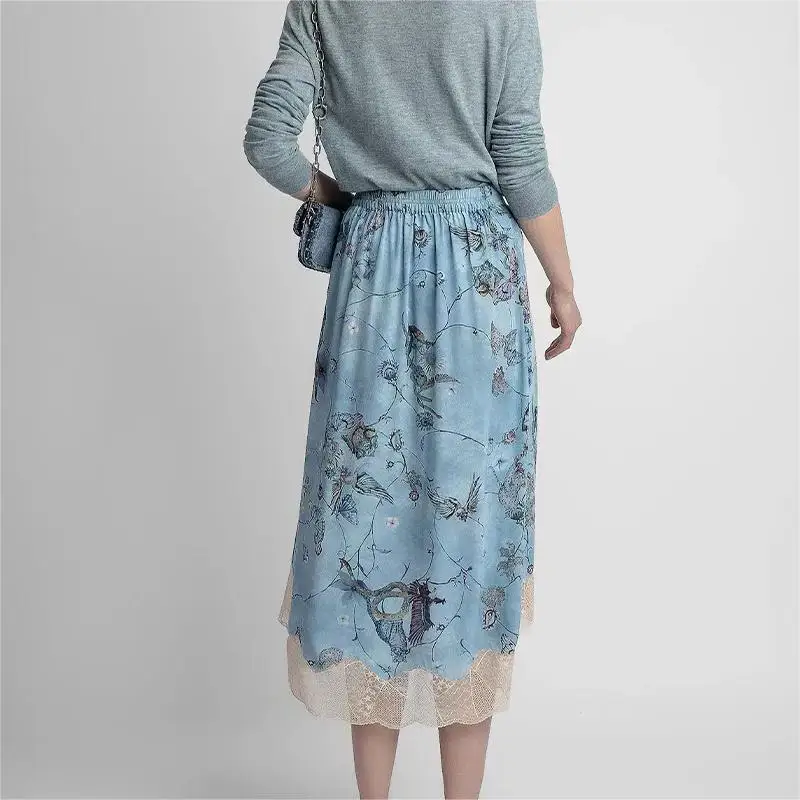 

Zadig Women Half Skirts Fashion Butterfly Flower Silk Half Dress Female Chic Rhinestone Printed Elegant Lace Blue Vintage Skirt