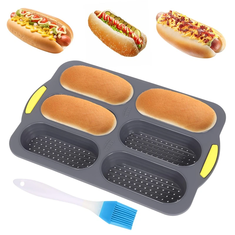 AAAN-Silicone Pan, Hot Dog Bun Pan With Oil Brush,6 Gutter Nonstick French Bread Bake Mold, French Bread Loaf Pan For Hot Dog