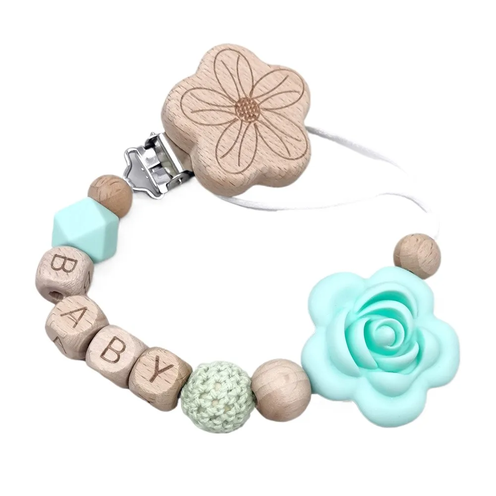 Personalized Name Flower Baby Pacifier Chain, Wooden Clip & Silicone Bead, Crochet & Alphabet Beads, Anti-Lost Dummy Strap