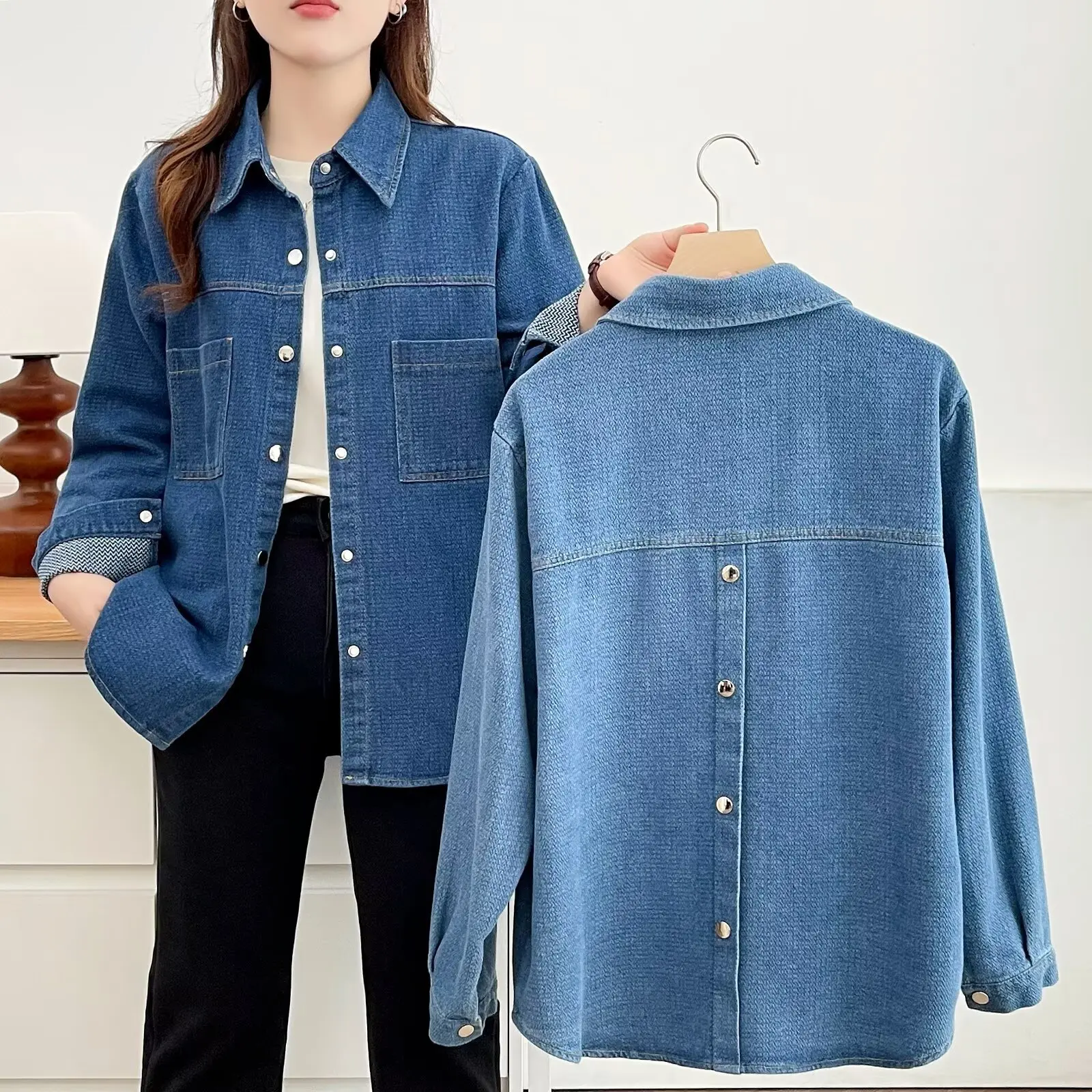 Plus Size Women's Blouses 2025 Autumn New Stylish Starry Sky Striped Denim Shirt Jacket 014