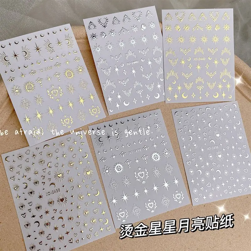 1Pc 3D Holographic Love Heart Nail Stickers Gold Bronzing Stars Moon Sliders Aurora Silver Chrome Nail Art Manicure Fai Da Te