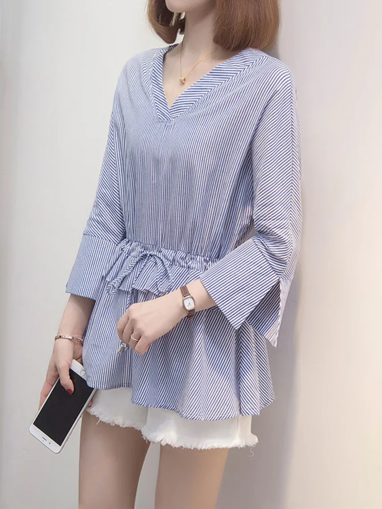 Oversize 4XL Striped V-neck Shirts female Summer Fashion Half Sleeve drawstring Blouses Large Sweet Loose Tops