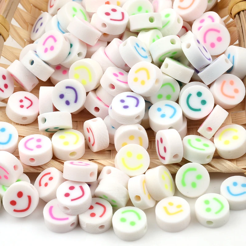 30pcs 10mm Colorful Smile White Clay Beads Flat Round Beads