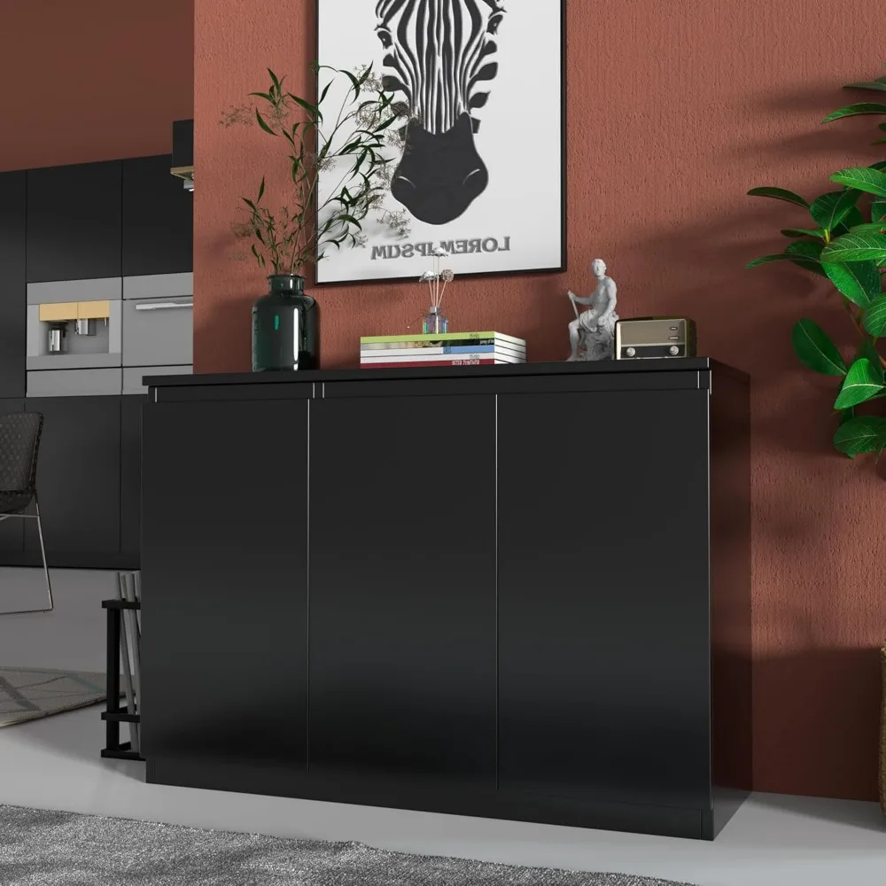 Black Buffet Storage Cabinet with 3 Door, 43" W Coffee Bar Cabinet, Kitchen Buffet Sideboard for Living Room, Kitchen 4