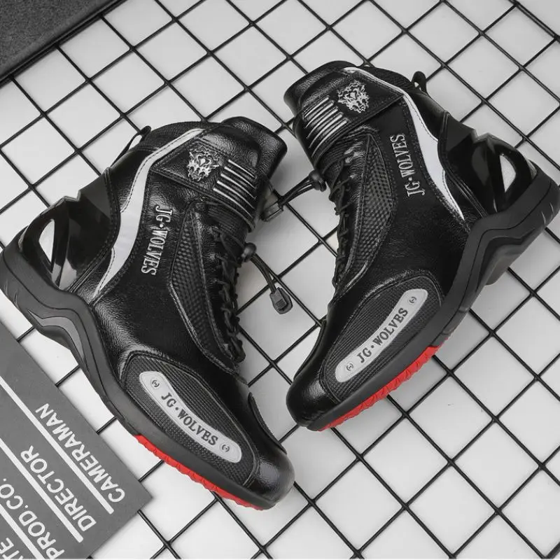 JG-Wolf Leather Motorcycle Boots Men Motos Breathable Anti Slip Wear-resistant Riders Boots Black Motorcycle Equipment