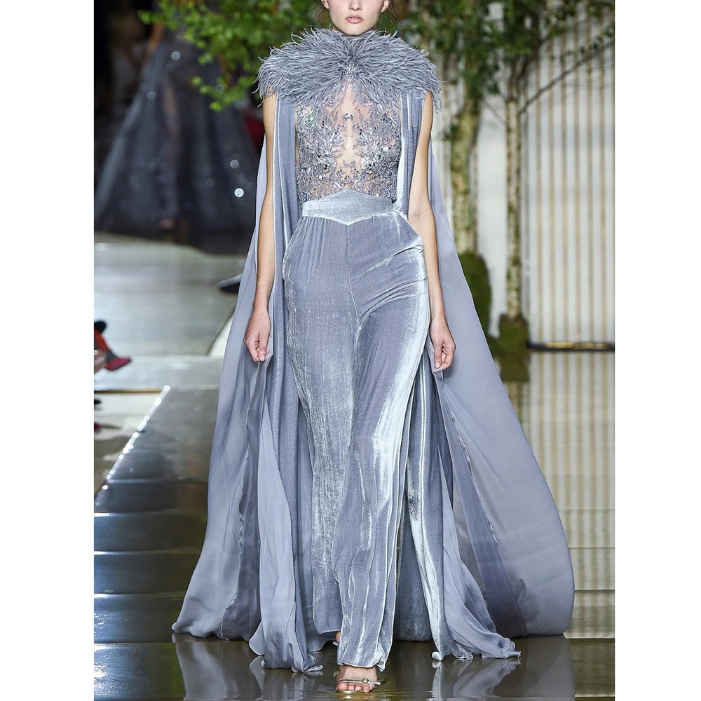 

Elegant Women Prom Dress Chic Tassel High Collar Appliques Beading Floor Length Party Gowns with Cap Sleeves Jumpsuit Dress