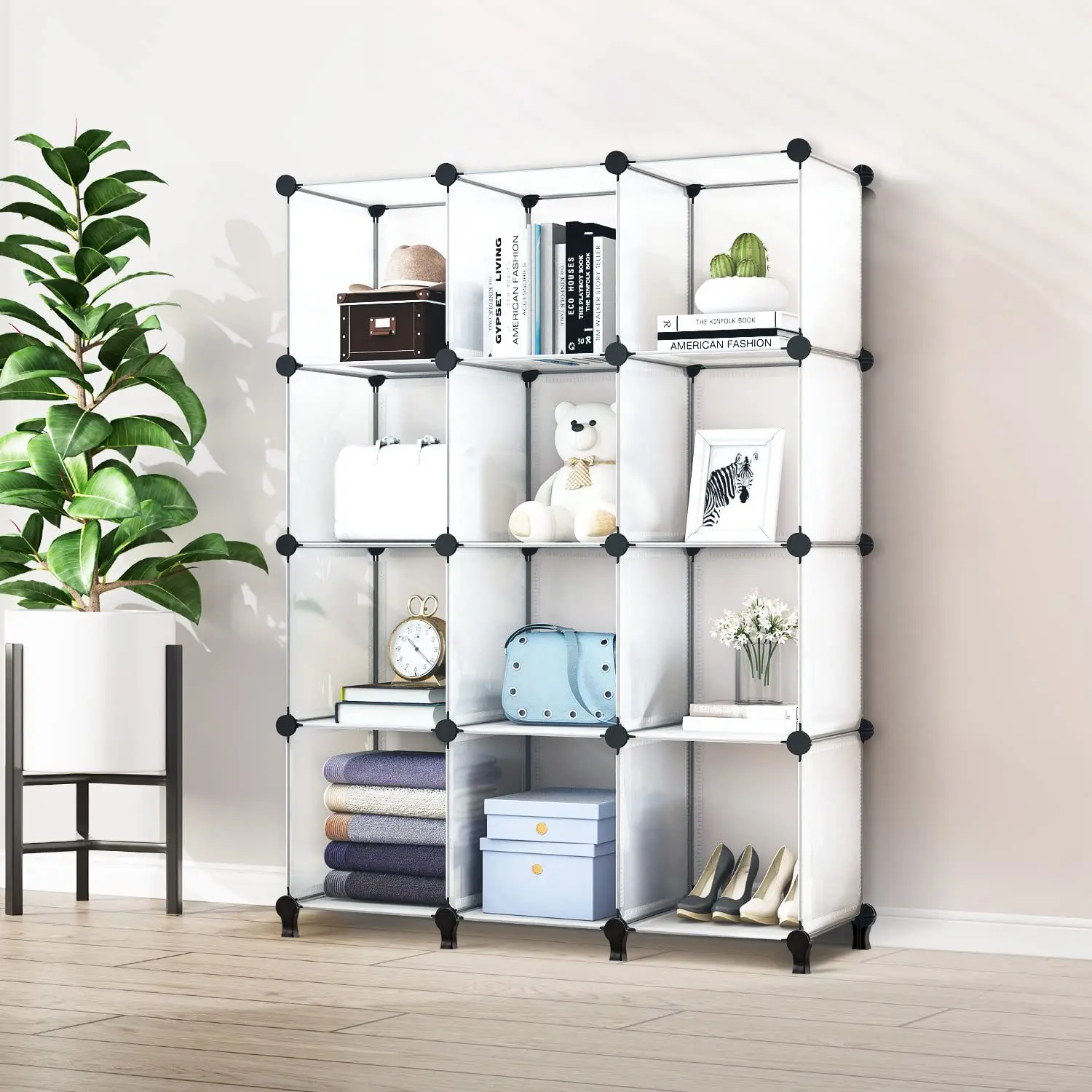 Scaffali in Plastica, Scaffali Semplici per lo Stoccaggio, Organizzatore a Cubi, 12 Scomparti, Armadi e Librerie Fai-da-Te