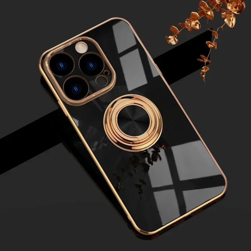 Luxury Plating Gloss Surface Silicone Phone Case with 360° Rotate Ring Holder