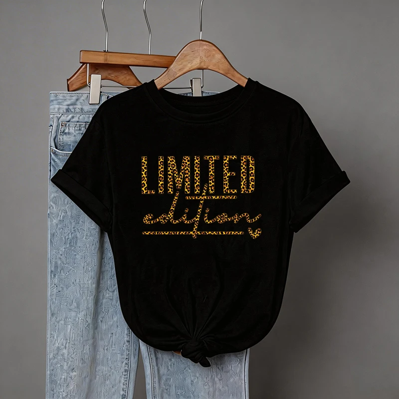 Women's Y2K Leopard Letter Print T Shirt Vintage Casual T-shirt for Woman 90s Crew Neck Short Sleeve Summer T-Shirt Clothes 6