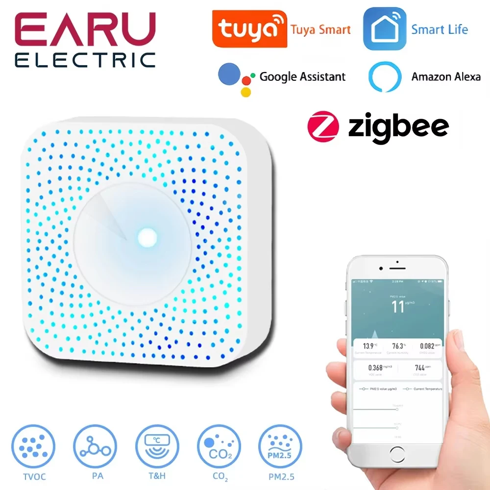 Tuya ZigBee Smart Air Housekeeper PM2.5 Formaldehyde VOC CO2 Temperature Humidity 6 In 1 Smart Air Box Sensor Automation Alarm smart air quality monitor