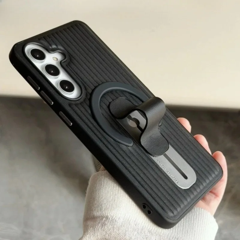 Adjustable Ring Holder Leather Magnetic Case with Creative Corrugated Stripe Cover
