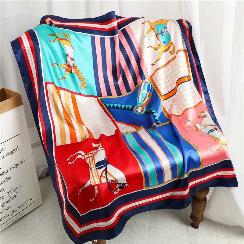 Silk Scarf Horse Print Square Scarves Head Scarfs for Women Luxury Female Foulard Brand Shawl Wraps Bandana Lady Hijabs 90*90CM huishi bag scarf women square silk 53cm print plaid small neck scarfs office lady hair band kerchief female bandana shawl check