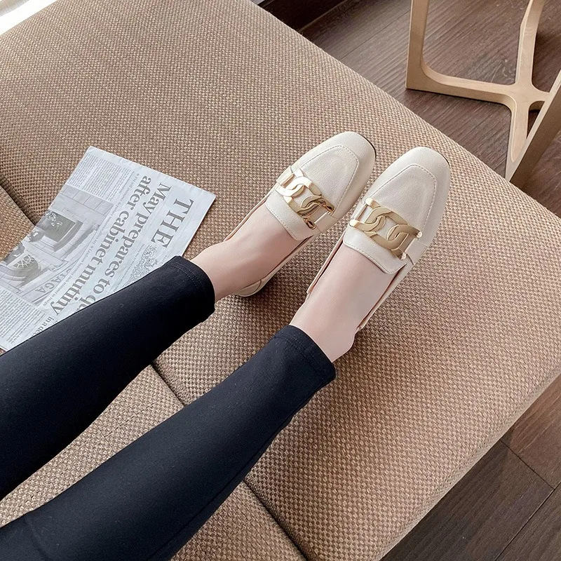 2024 Fetish Women Retro Designer Soft Leather Soft Summer Flats Simple Female Loafers Square Toe Lady Metal Outside Black Shoes 4
