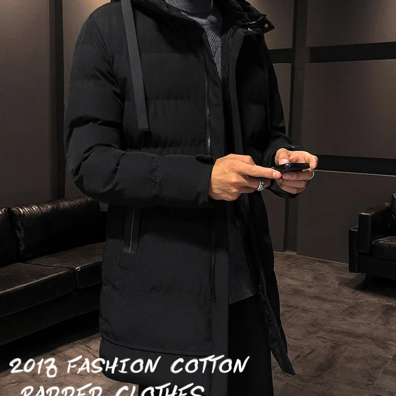 4XLMen's Clothing Long Coat Cotton-padded Jacket Solid Color Hooded Jacket Wind and Cold Warm Medium Long Jacket Portable Device