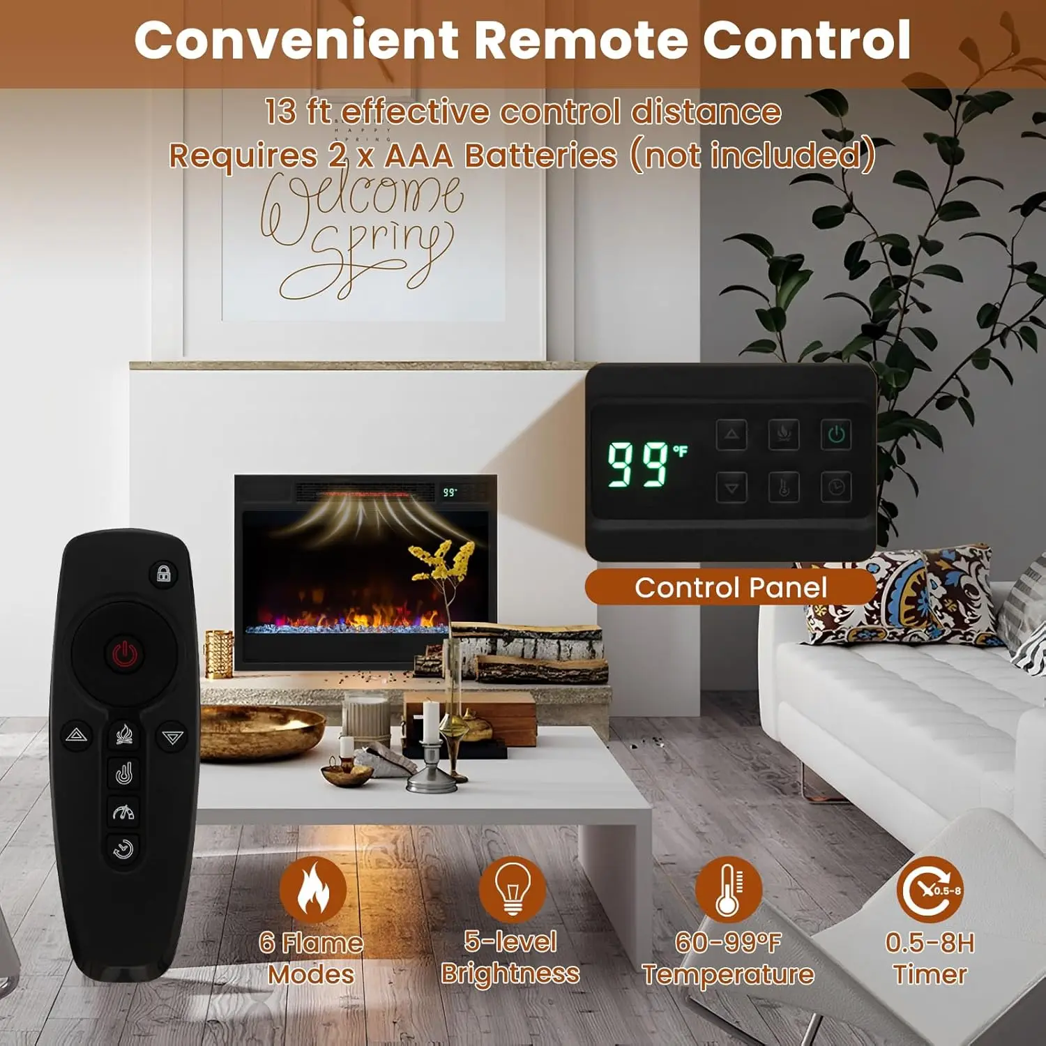 23 Inch Electric Fireplace Insert, Recessed Quartz Fireplace Heater with 6 Flame Modes & 5 Brightness 5