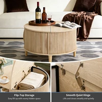 JHK 31IN Round Coffee Table with Flip-Top Storage Fluted Center Table 2-Tier Wood Desktop with Sliding Cabinet Door Living Room 3