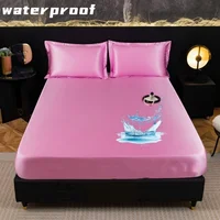 1pc  Silky satin Waterproof Mattress Protector Cover  Bed Cover Solid Color Fitted Sheet 1